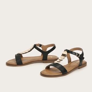 Disc decor ankle strap sandals